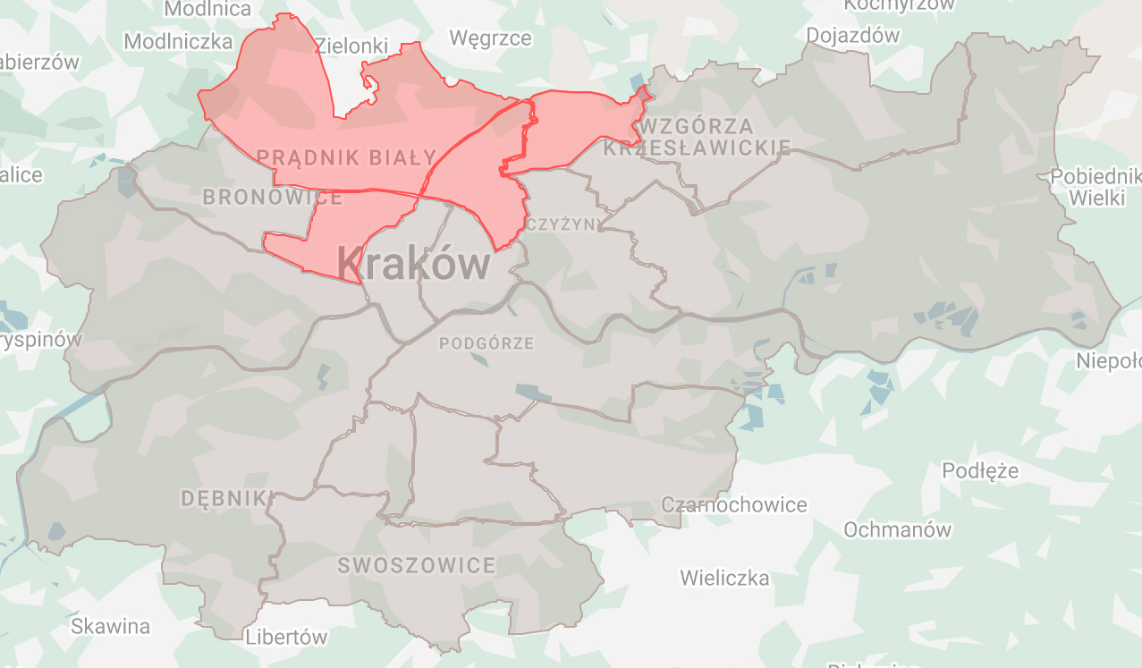 Mapa z zasięgiem obsługiwanych firmy z dzielnic Krowodrzy, Mistrzejowic, Prądnika Białego i Prądnika Czerwonego.
